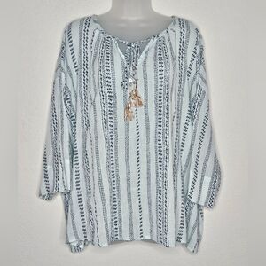 LOGO by Lori Goldstein Boho Cotton Peasant Oversized Flowy Tassel Tie Blouse L